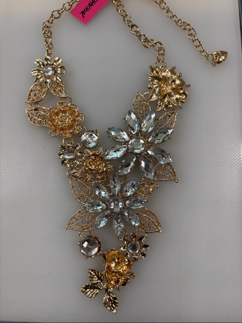 Betsey Johnson Gold Floral Necklace with Clear Crystals